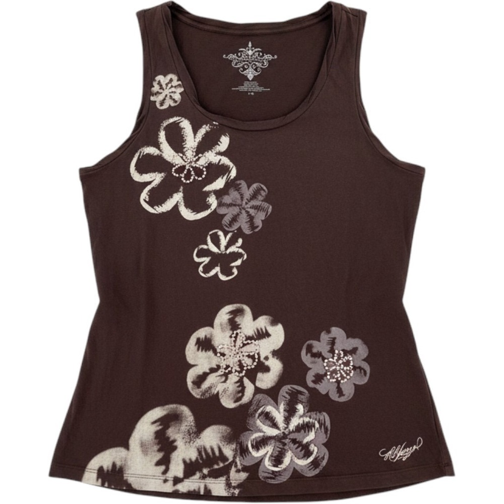 Vintage Tommy Hilfiger Womens Brown Floral Beaded Cotton Tank Top L Y2K  boho